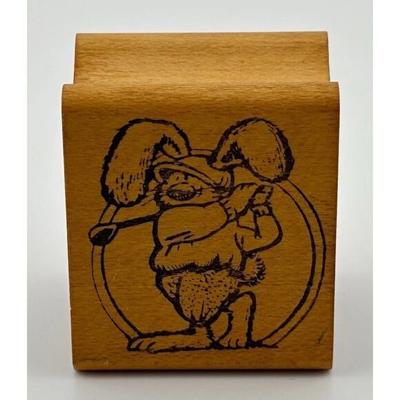 Vintage 78 All Night Media Golf Rabbit Stamp Wood Mounted Rubber Stamp - Picture 1 of 2